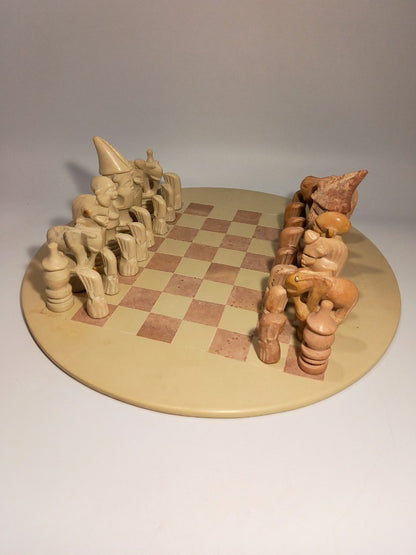 Chess Set African Soapstone, Hand Carved Pink and Beige Stone Round Board