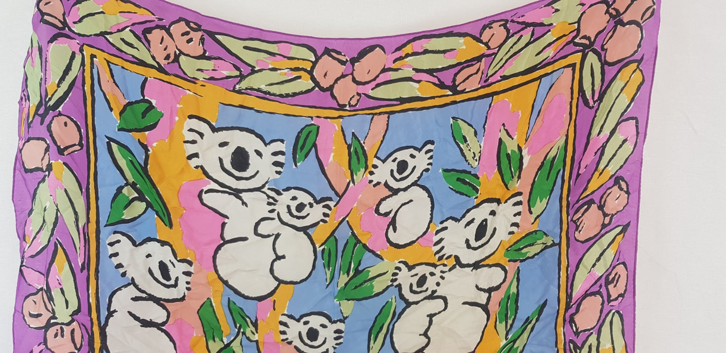 Vintage. 1980s Ken Done 100% Silk Scarf with Koalas Excellent Condition