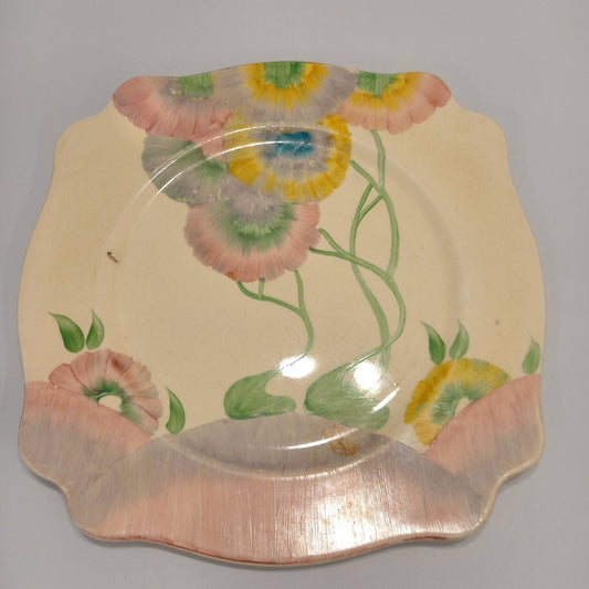 Clarice Cliff Pink Pearls Pattern Square Plate Circa 1935. Honeyglaze.