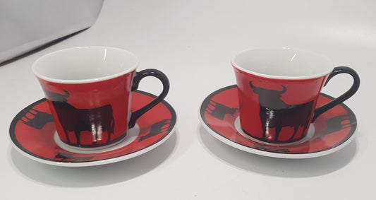 El Toro De Osbourne x2 Expresso Cup & Saucer Set from Spain in Reb & Black VGC