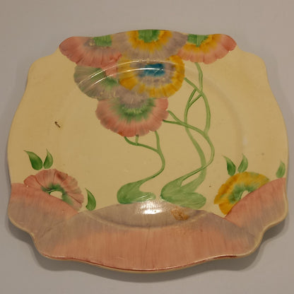 Clarice Cliff Pink Pearls Pattern Square Plate Circa 1935. Honeyglaze.