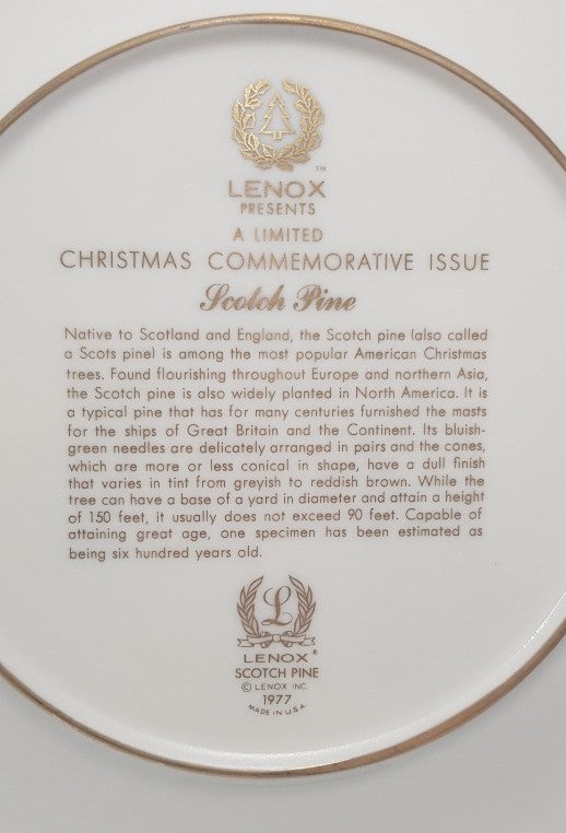 Vintage. Lenon 1977 Christmas Commemorative Scotch Pine Plate 10.5"  VGC