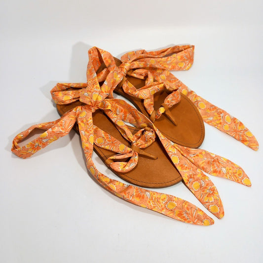 Anthropologie Sandals Vera Gladiator, Women's Size 7, Orange Floral Ribbon