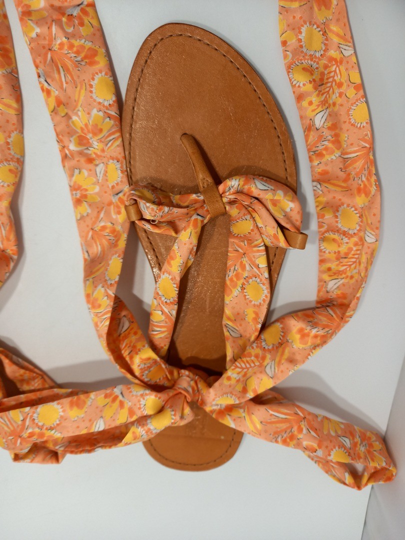 Anthropologie Sandals Vera Gladiator, Women's Size 7, Orange Floral Ribbon