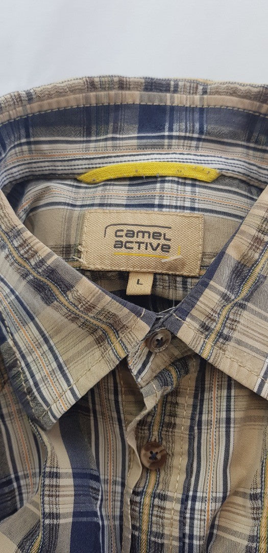 Camel Active Mens Short Sleeve Shirt Beige/Brown/Navy Size L VGC