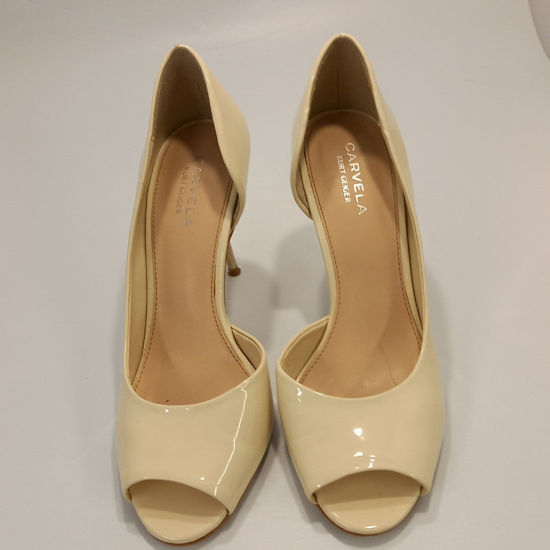 Carvela Kurt Geiger Ladies Cream Patent Peep Toe Shoes-Silver Stiletto -Size 5.5
