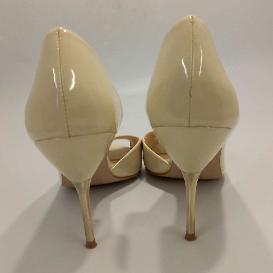 Carvela Kurt Geiger Ladies Cream Patent Peep Toe Shoes-Silver Stiletto -Size 5.5
