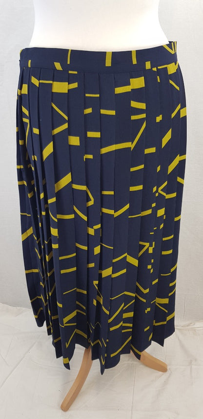 Jasper Conran Pleated Navy & Yellow Midi Skirt Size 16 VGC