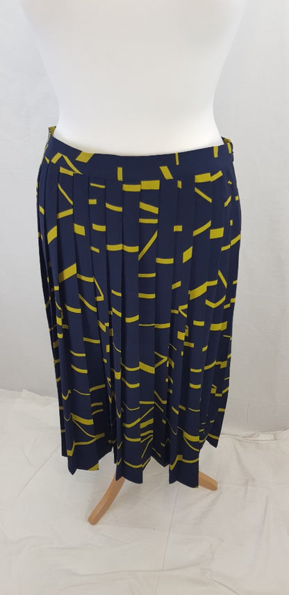 Jasper Conran Pleated Navy & Yellow Midi Skirt Size 16 VGC