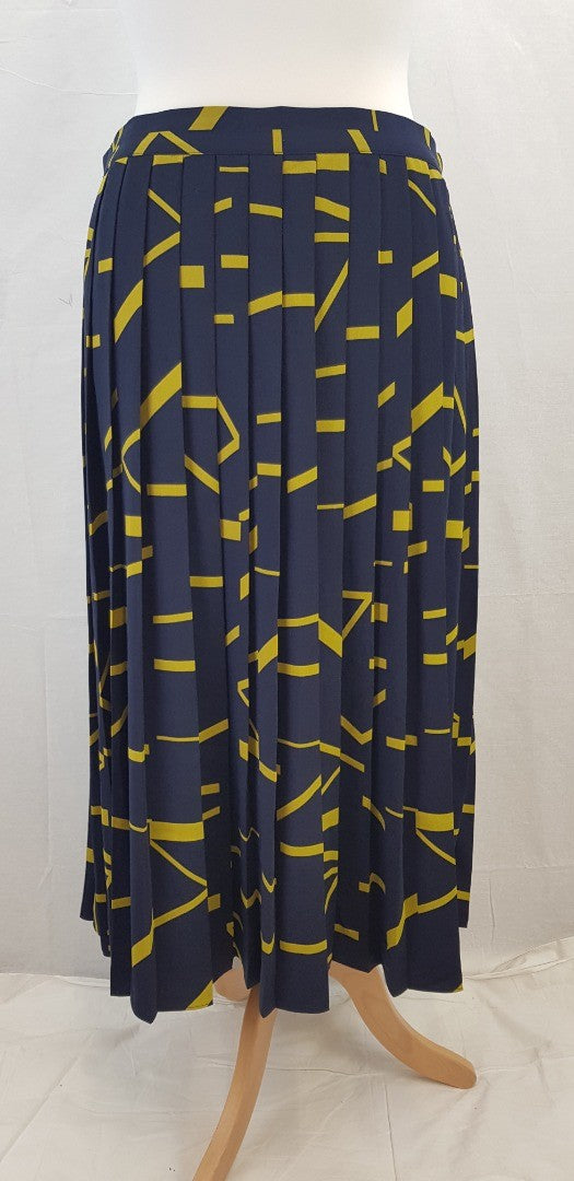 Jasper Conran Pleated Navy & Yellow Midi Skirt Size 16 VGC