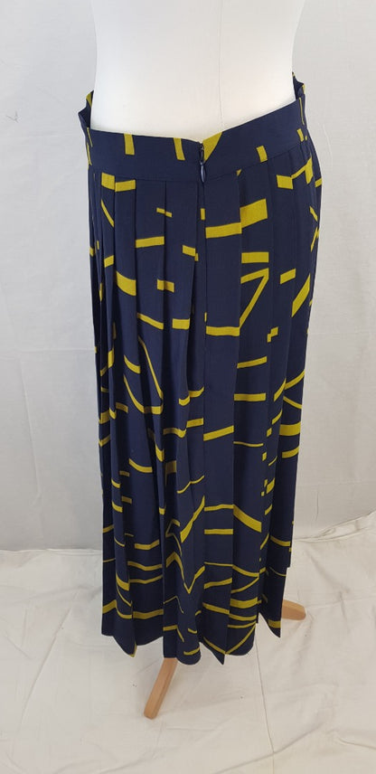 Jasper Conran Pleated Navy & Yellow Midi Skirt Size 16 VGC