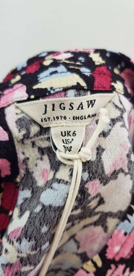 Jigsaw Carnation Smocked Blouse in Pinks & Black. Size 6 BNWT