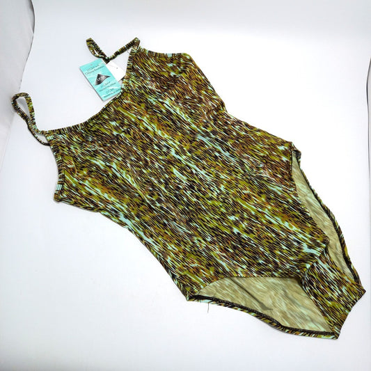 Lycra Swimsuit One Piece, Vintage Green Multicolour Abstract Spaghetti Straps