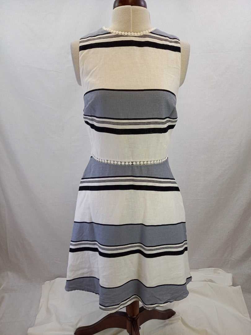 Oasis Ladies Grey & White Striped Linen Blend Dress New with Tag - Size 12