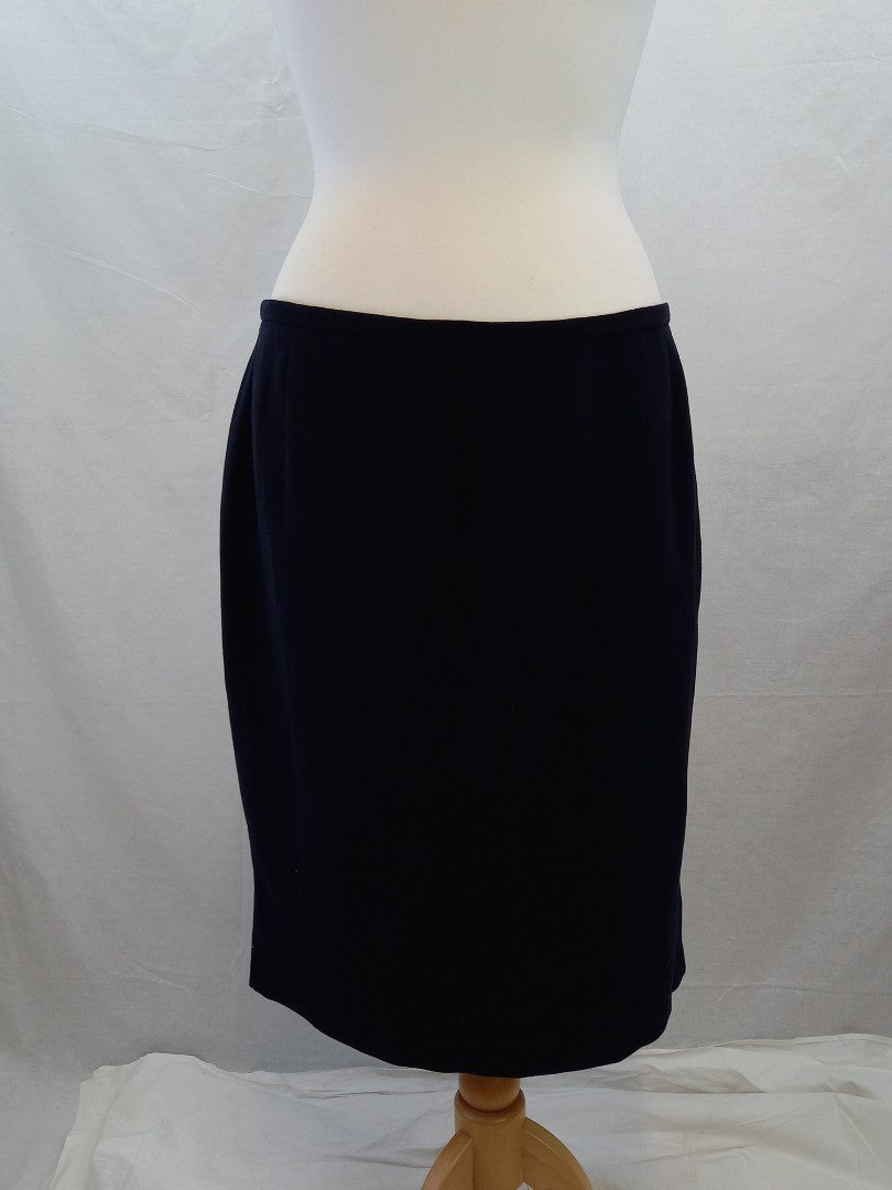 Paul Costelloe City Dark Navy Blue Pleated Back Knee Length Skirt - Size 18