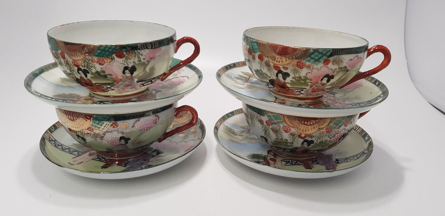 Vintage Mid-Century Japanese Tea Set x4 Cup & Saucer - Geisha Design   VGC