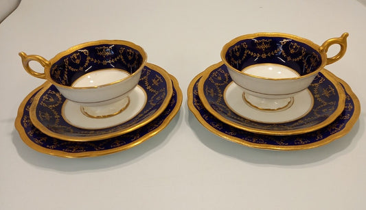 Coalport Flight Barr Worcester Cobalt & Gold Antique China Tea Set X 2 -