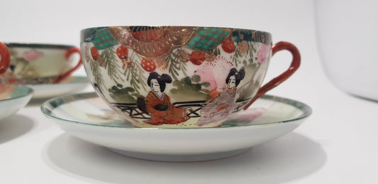 Vintage Mid-Century Japanese Tea Set x4 Cup & Saucer - Geisha Design   VGC