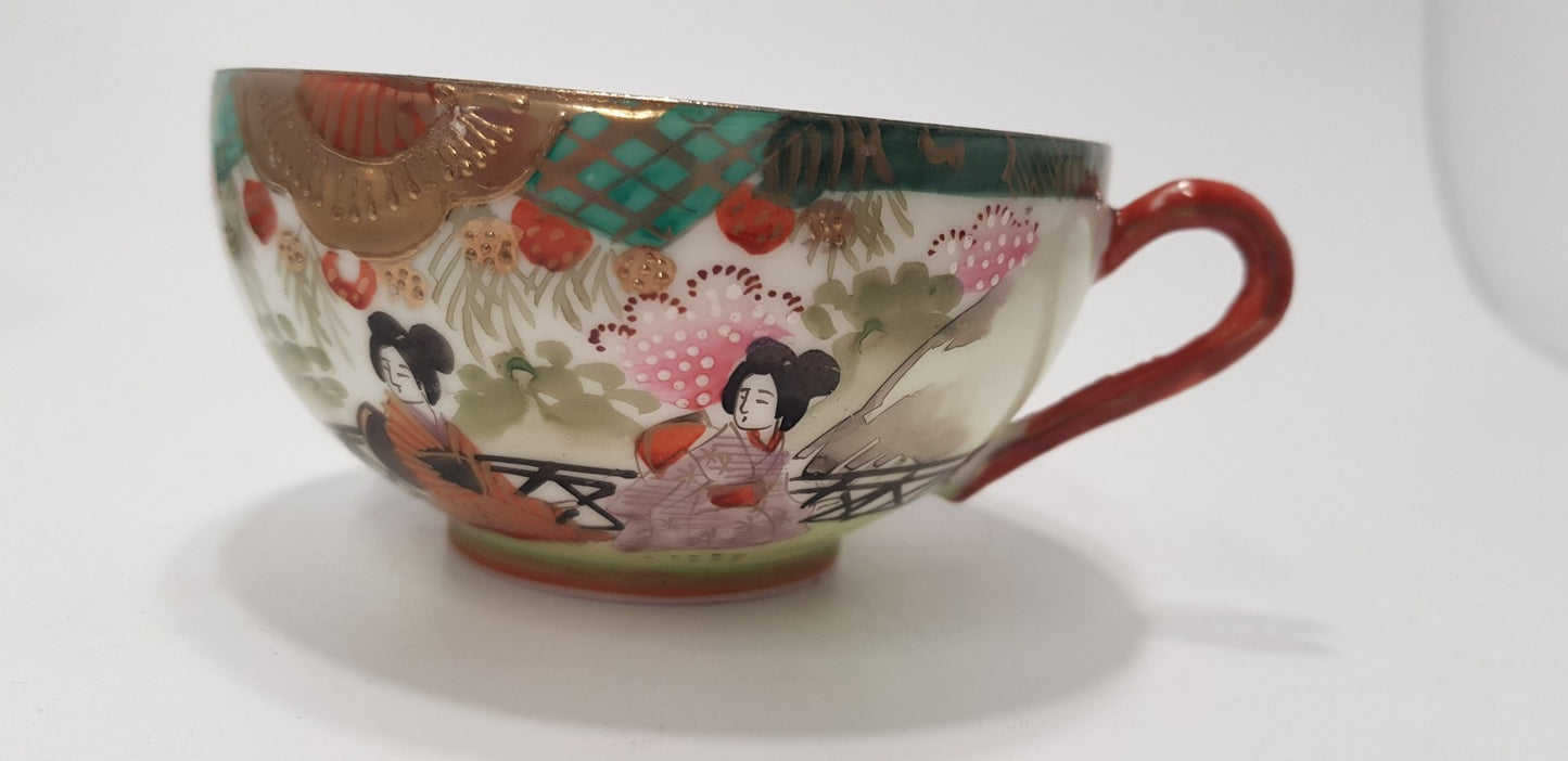 Vintage Mid-Century Japanese Tea Set x4 Cup & Saucer - Geisha Design   VGC