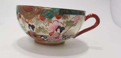 Vintage Mid-Century Japanese Tea Set x4 Cup & Saucer - Geisha Design   VGC