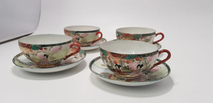 Vintage Mid-Century Japanese Tea Set x4 Cup & Saucer - Geisha Design   VGC