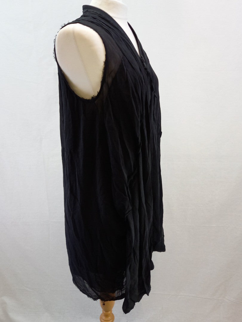 Allsaints Black Silk Raw Hem Double Zip Floaty Designer Dress - Size UK 14