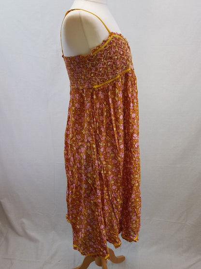 Free People Orange Floral Strappy Boho Retro Raw Hem Flower Power Dress - Size L