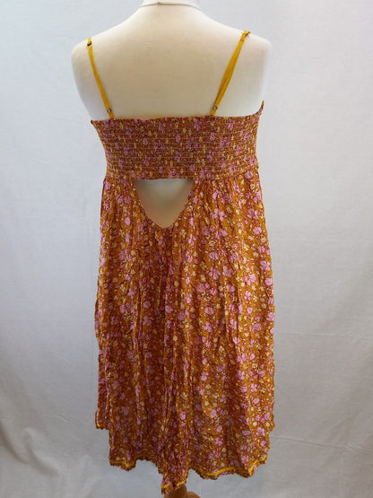 Free People Orange Floral Strappy Boho Retro Raw Hem Flower Power Dress - Size L