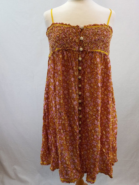 Free People Orange Floral Strappy Boho Retro Raw Hem Flower Power Dress - Size L