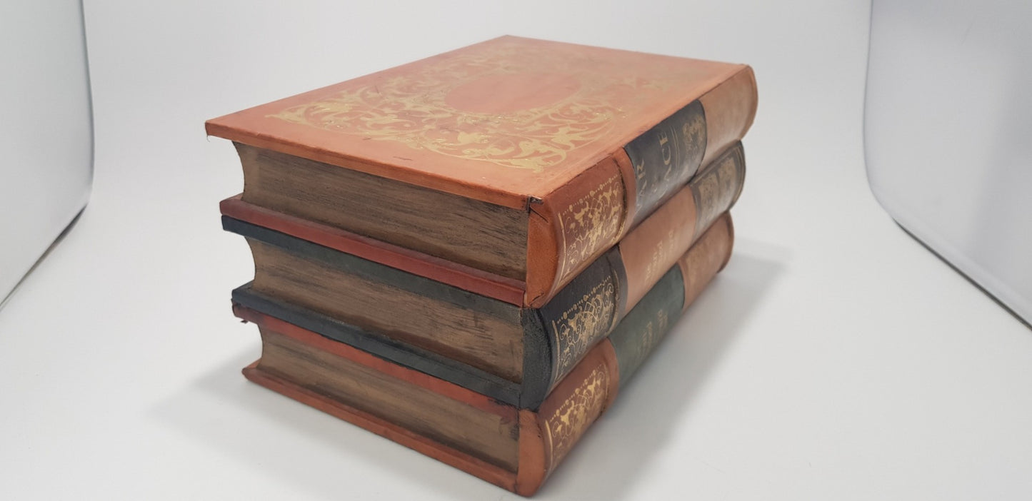 Antique-Look Fake Book Box x3 Books in Stack Genuine Leather GC