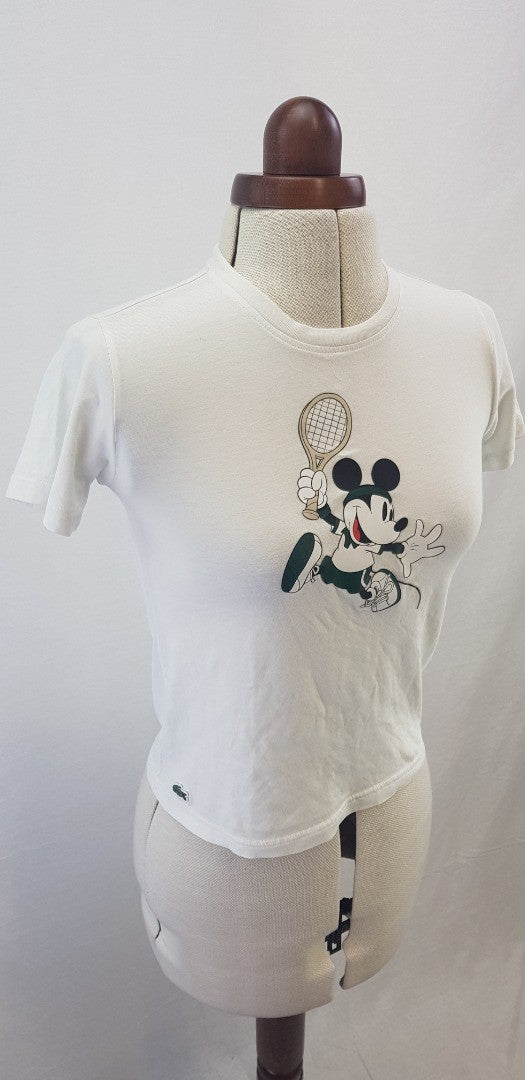 Disney Lacoste Girls White T-shirt Mickey Mouse Playing Tennis Size 10 VGC