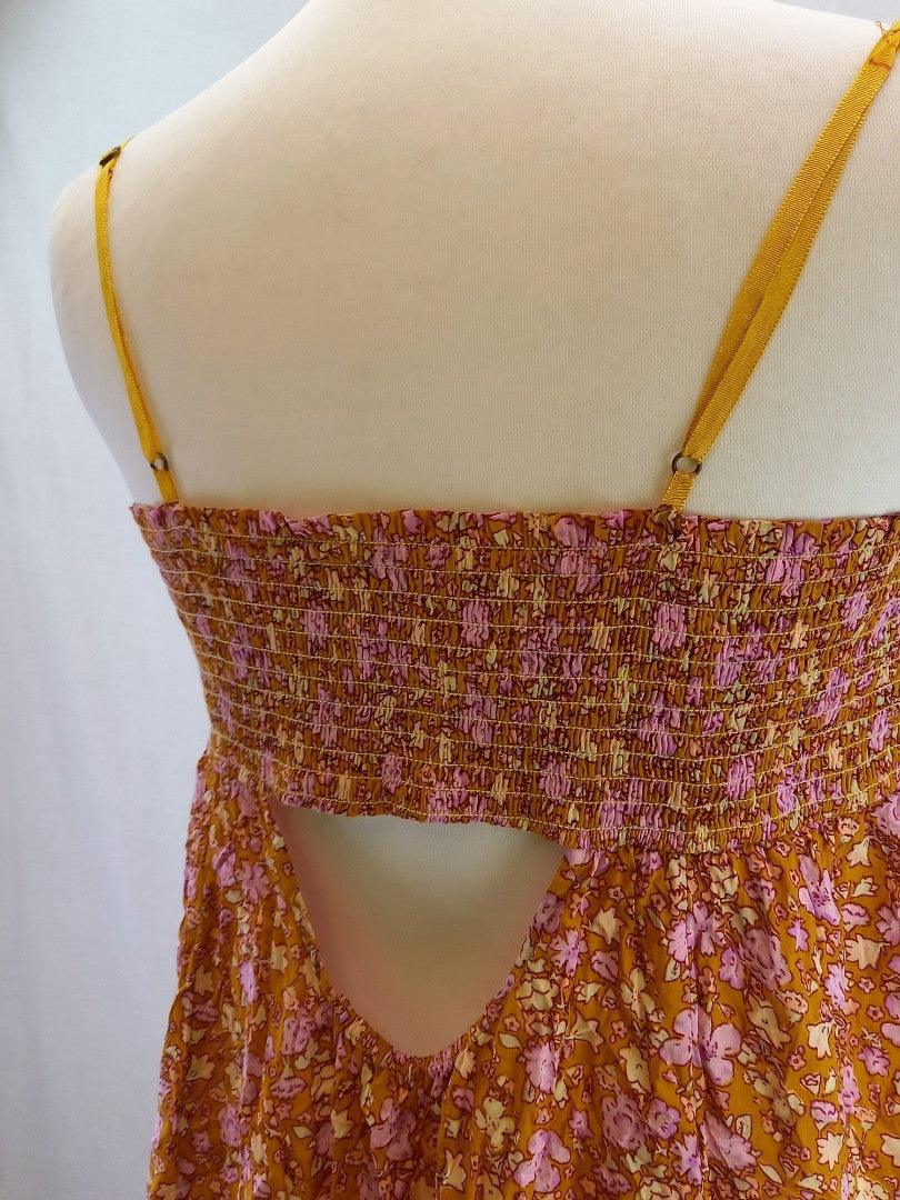 Free People Orange Floral Strappy Boho Retro Raw Hem Flower Power Dress - Size L