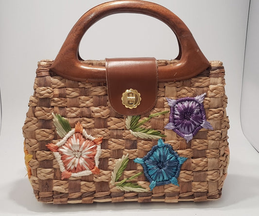 Whidly Straw & Wooden Handled Bag with Flowers. Vintage VGC