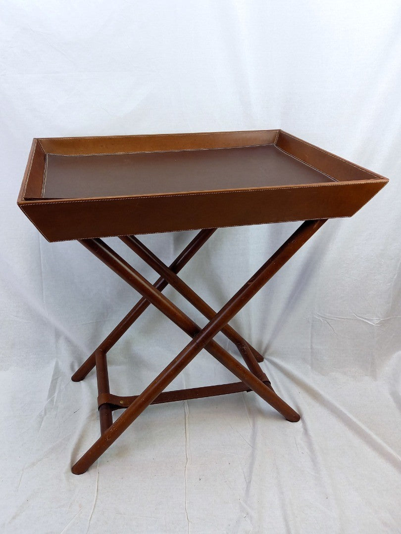 Butler's Tray Table Leather, Removeable Serving Serveware with Stand in Brown