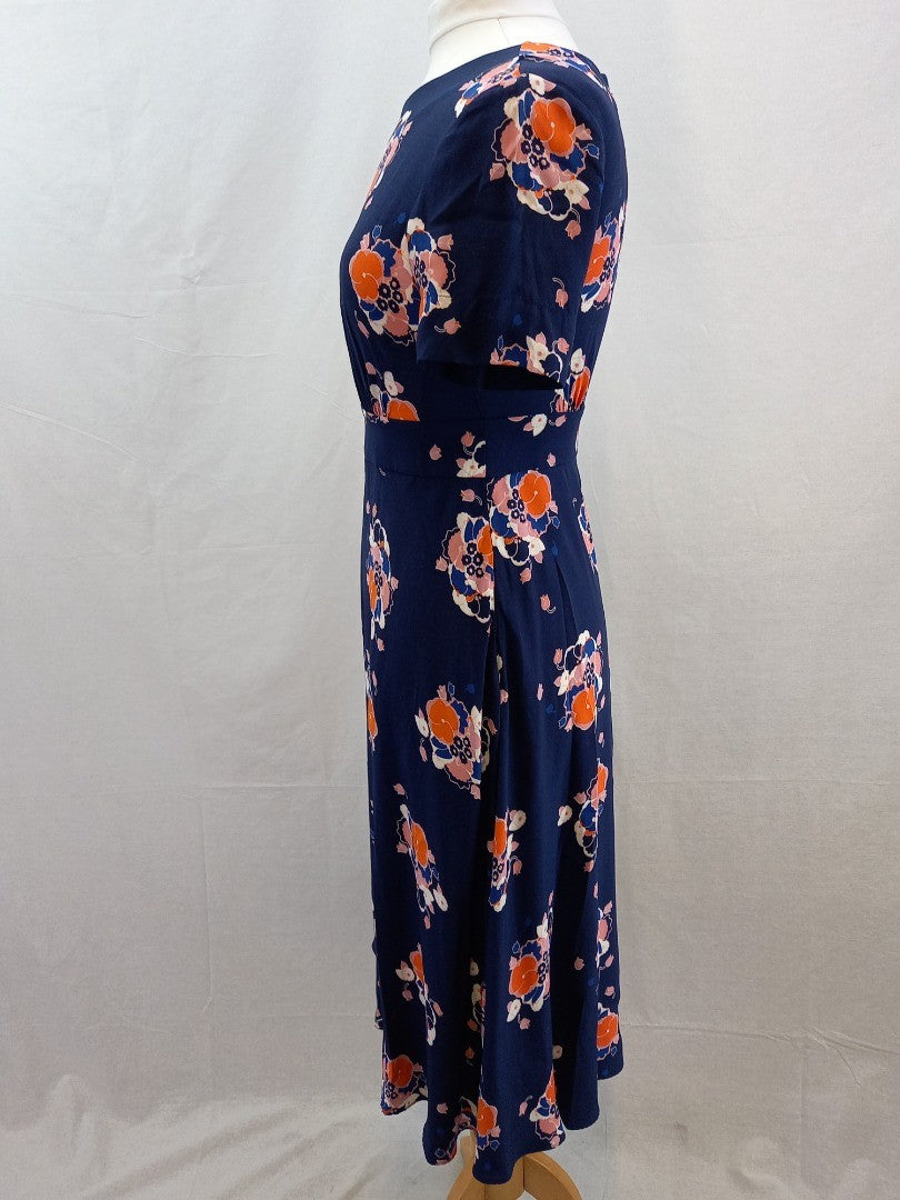 Boden Navy Blue Floral Midi Short Sleeve Tea Dress - Size 10 Petite
