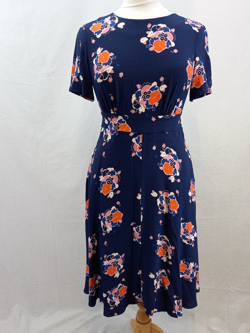 Boden Navy Blue Floral Midi Short Sleeve Tea Dress - Size 10 Petite