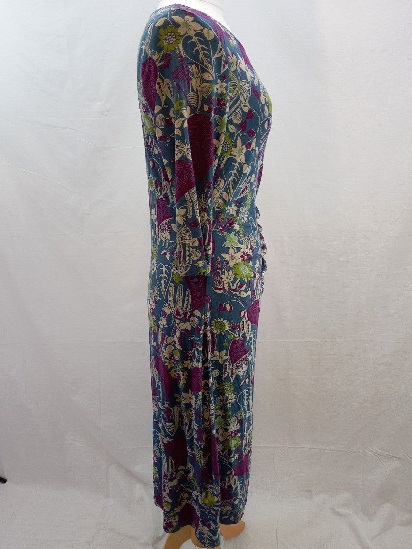 White Stuff Blue Floral Asymmetrical Jersey Dress Cinched Tie Waist - Size 18