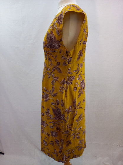 Joules Mustard Yellow Floral V Neck Cotton Summer Dress - Size UK 16
