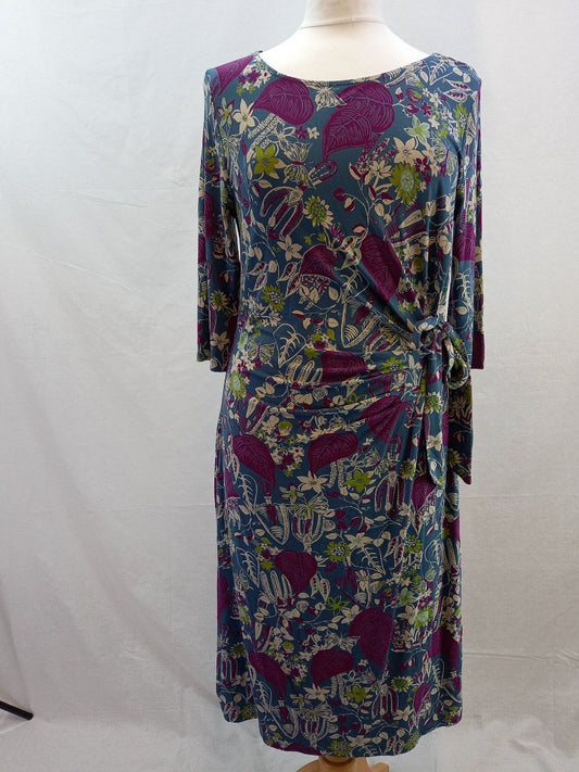 White Stuff Blue Floral Asymmetrical Jersey Dress Cinched Tie Waist - Size 18