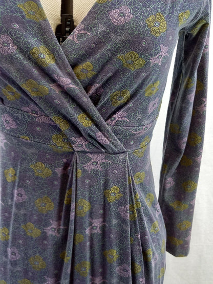 Seasalt Blue-Grey Dotted Floral Long Sleeve V-neck Dress - Size UK 8