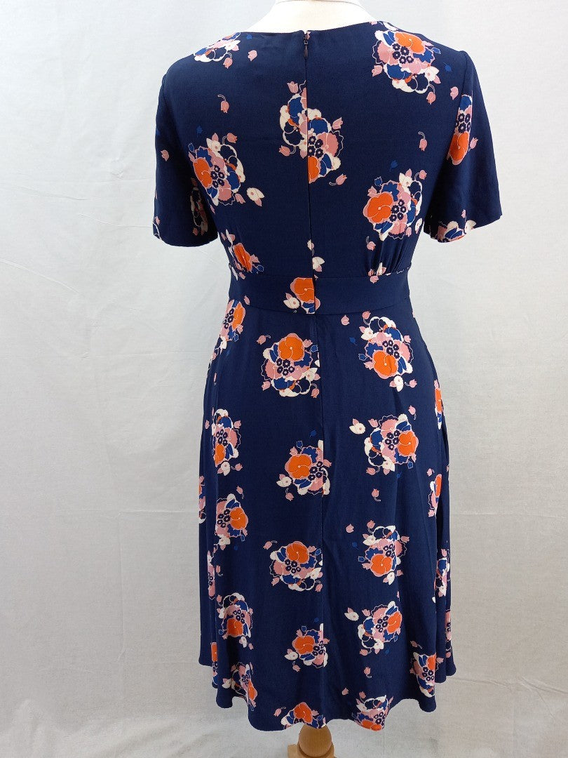 Boden Navy Blue Floral Midi Short Sleeve Tea Dress - Size 10 Petite