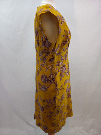 Joules Mustard Yellow Floral V Neck Cotton Summer Dress - Size UK 16