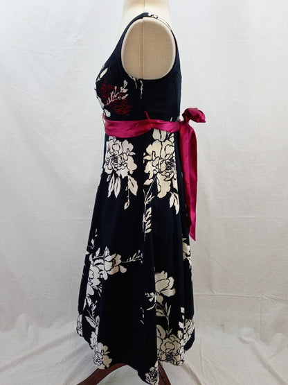 Debut Black & White Floral Embroidered Retro Pink Belted Dress - Size UK 10