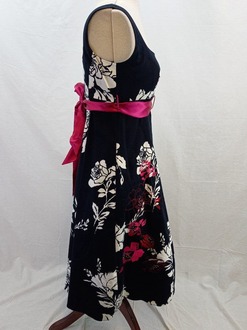 Debut Black & White Floral Embroidered Retro Pink Belted Dress - Size UK 10