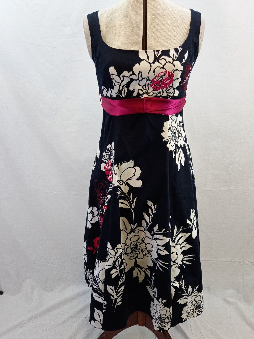 Debut Black & White Floral Embroidered Retro Pink Belted Dress - Size UK 10