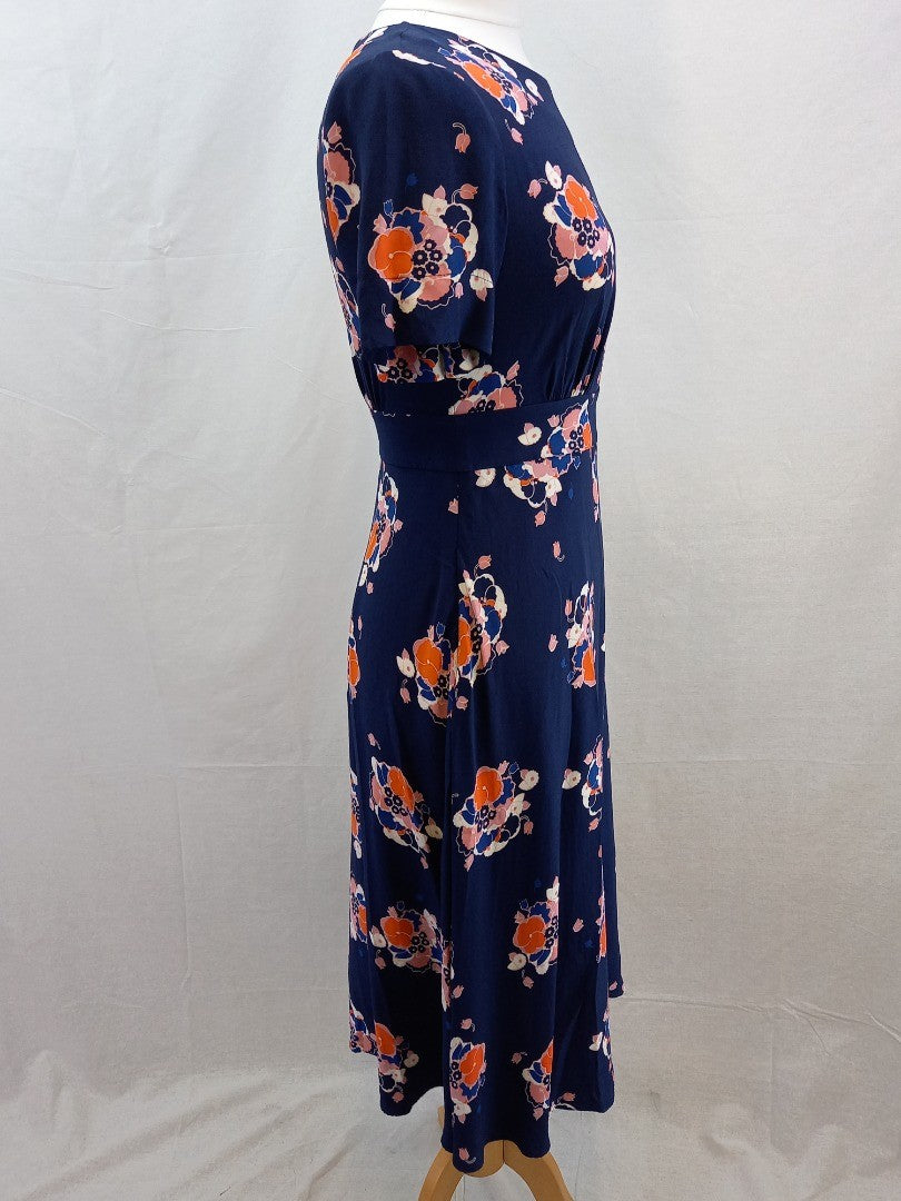 Boden Navy Blue Floral Midi Short Sleeve Tea Dress - Size 10 Petite