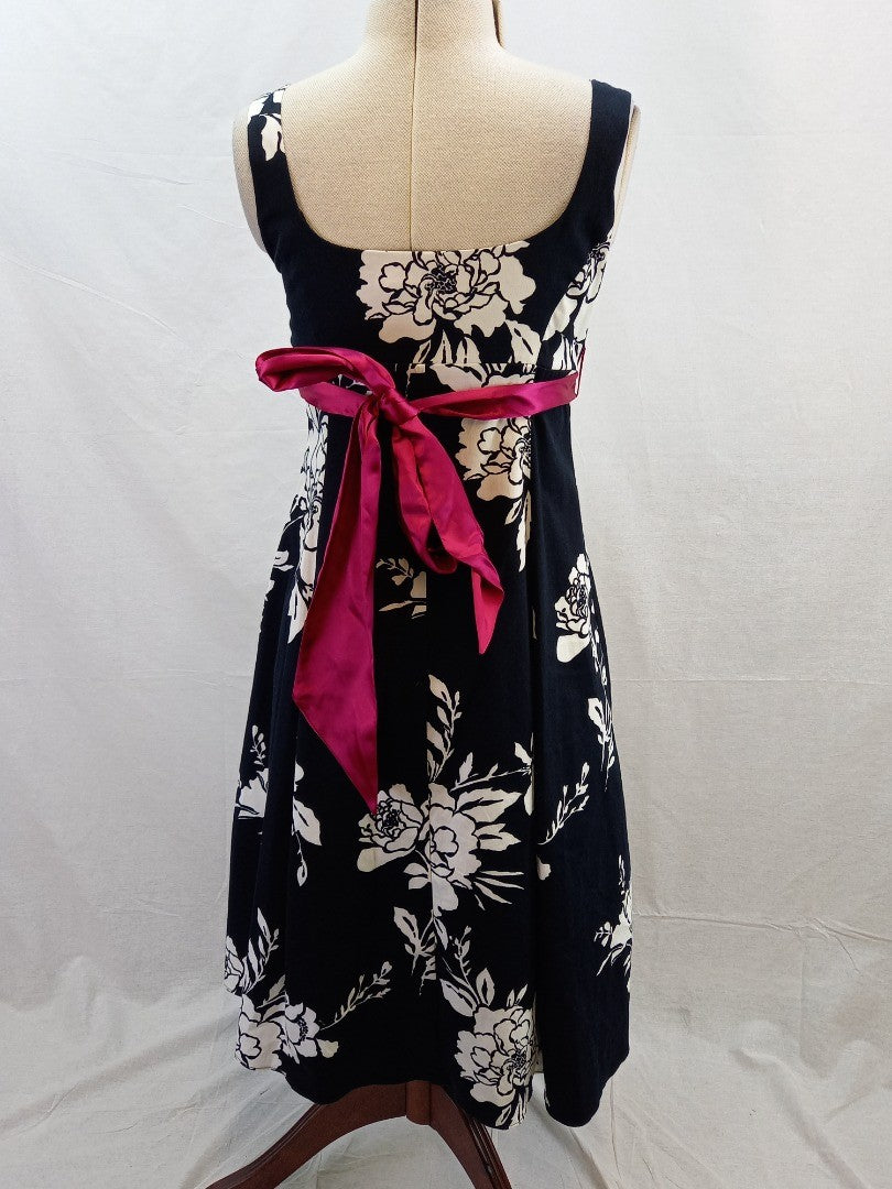 Debut Black & White Floral Embroidered Retro Pink Belted Dress - Size UK 10