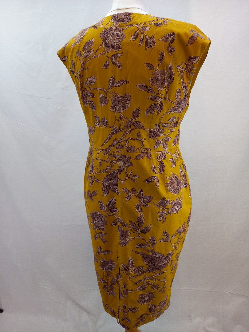 Joules Mustard Yellow Floral V Neck Cotton Summer Dress - Size UK 16
