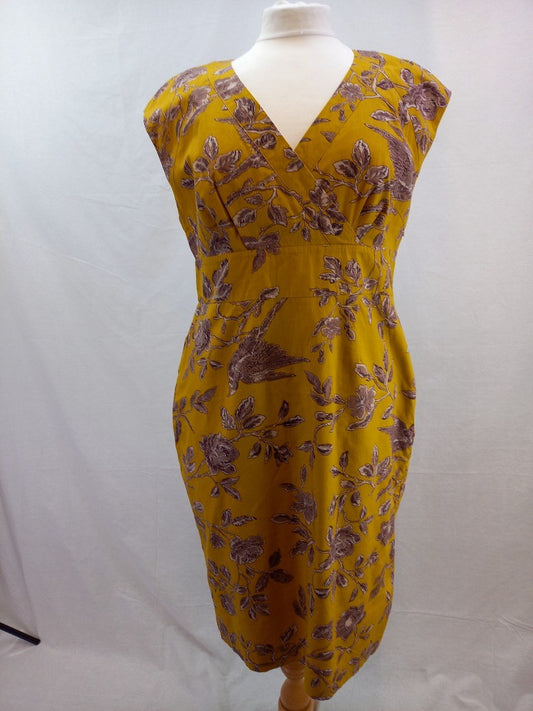 Joules Mustard Yellow Floral V Neck Cotton Summer Dress - Size UK 16