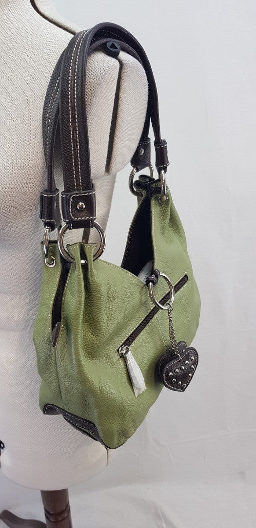 Vera Pelle Sage & Brown Leather Handbag Small Size New